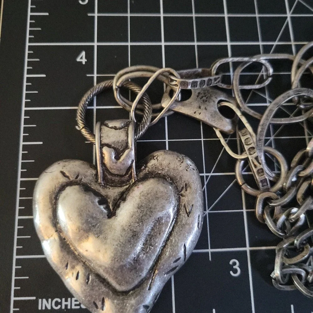 Silver Tone Chunky Mixed Link Heart‎ Pendant Necklace 32